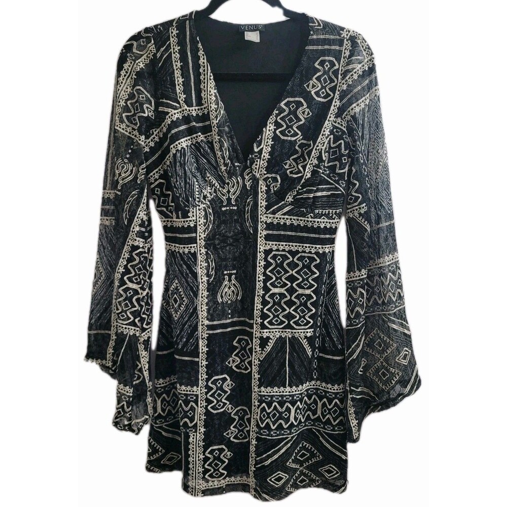 Venus Gothic Boho Fairycore Dress Black White Long Sleeve Size 6
